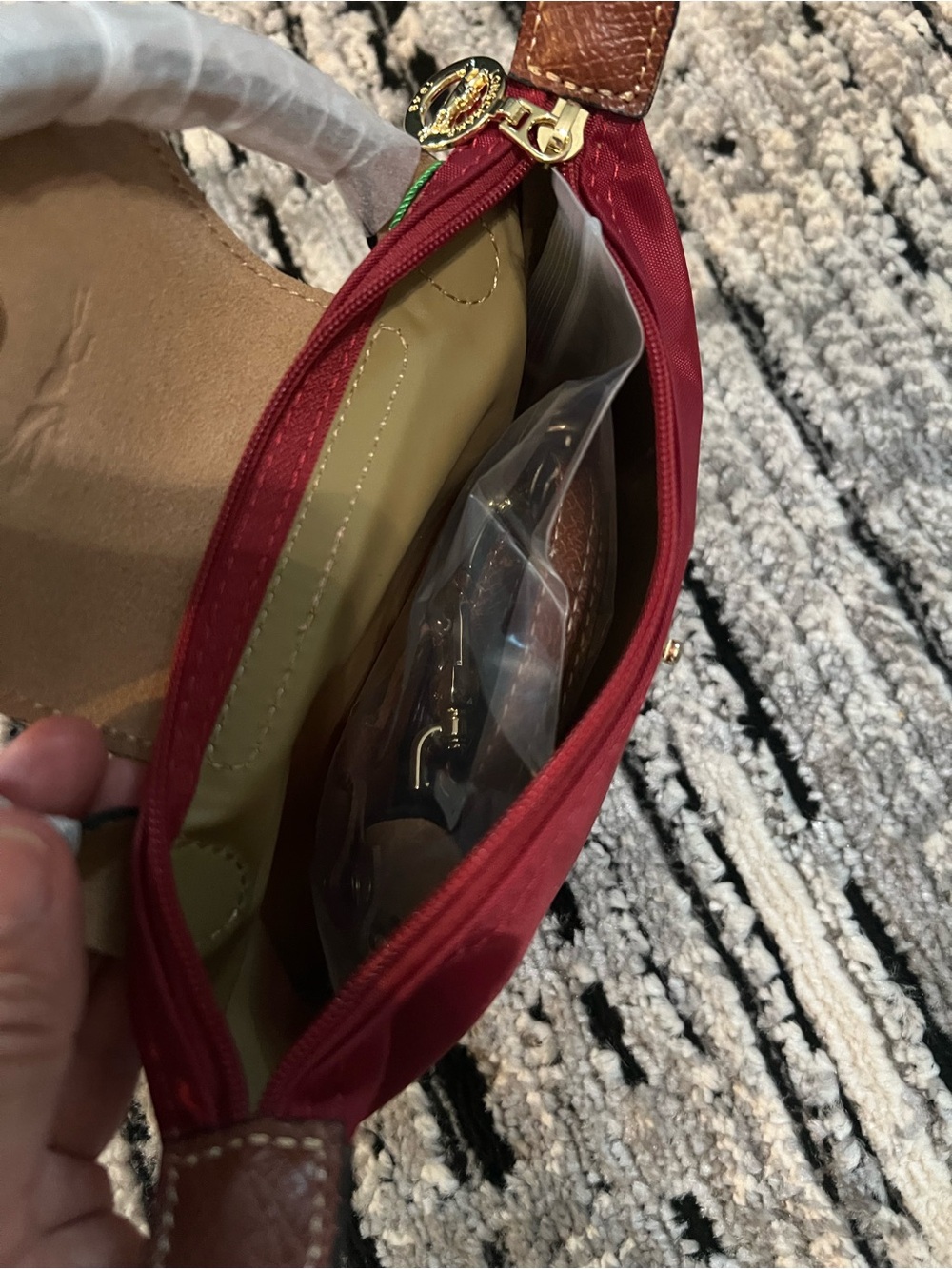 Longchamp Mini Top-Handle Bag in Burgundy with Brown Trim - Picture 3 of 5